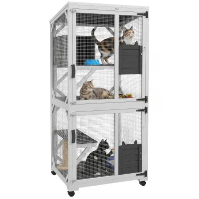 PawHut Catio Outdoor, Elevated Design, with Wheels, Resting Box, Water-Resistant, Multi Platforms, White & Grey
