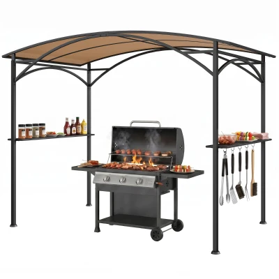 Outsunny 8' x 5' Hardtop Grill Gazebo, Outdoor BBQ Gazebo with PC Board Roof, BBQ Canopy Gazebo with 2 Side Shelves and 5 Hooks