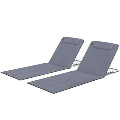 Outsunny 2 Pieces Beach Lounge Chair, Outdoor Folding Chaise Lounge Set w/ Pillow for Sunbath, Snap, Grey