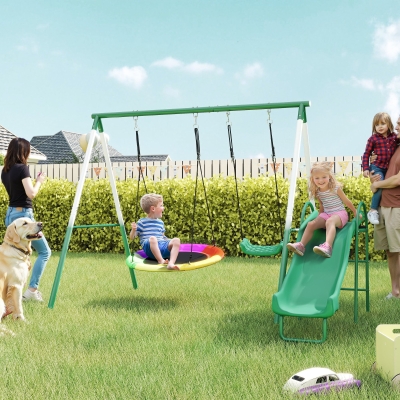 Qaba Metal Swing Set with Slide, Saucer Swing Seat, Heavy Duty A-Frame Stand and Adjustable Rope for Backyard, Dark Green
