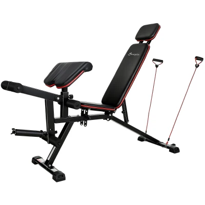 Soozier Adjustable Weight Bench with Wheels, Load 660LBS Workout Bench with Leg Extension, Preacher Curl and Resistance Bands