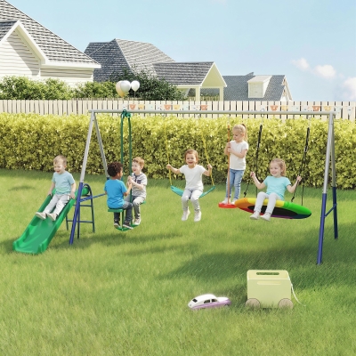 Qaba 5-in-1 Kids Swing Set with Slide, Swings and Glider for Backyard, 770lbs Capacity, for Ages 3-8, Multicolour