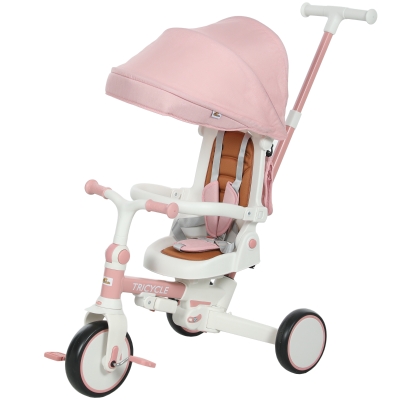Qaba 7-in-1 Tricycle Stroller, Adjustable Handle, Canopy, Pink