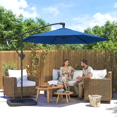 Outsunny 9.7 ft Offset Patio Umbrella with Water/Sand Fillable Weights, Garden Hanging Parasol with Locking Latch, Navy Blue