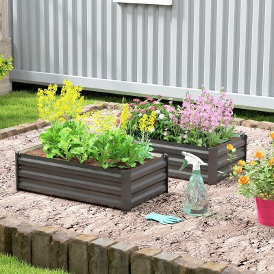 Outsunny Set of 2 Galvanized Raised Beds for Garden, Outdoor Planter Box for Flowers, Herbs and Vegetables, Black