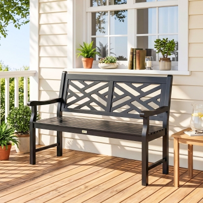 Outsunny 46" Outdoor Bench, Wooden Patio Loveseat with Slatted Frame and Armrests, 2 Seater Garden Bench for Porch, Lawn, Black