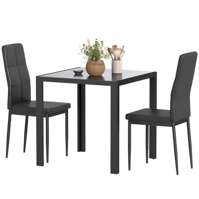 HOMCOM 3-Piece Rectangular Glass Kitchen Table and Chairs with Metal Frame and Faux Leather Upholstery for Dining Room, Black