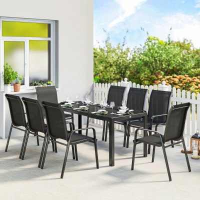 Outsunny 9 Pieces Patio Set with Stackable Chairs, Patio Dining Set with Glass Top for Garden, Patio, Backyard, Black