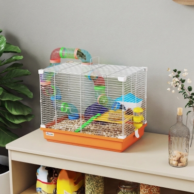 PawHut 18"L Hamster Cage, Small Animal House, 2-Level Rat Gerbil Haven with Tunnel Tube System, Orange