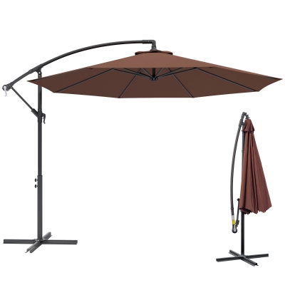 Outsunny 10' Deluxe Patio Umbrella, Outdoor Market Parasol, Banana Hanging Offset Sunshade with Crank, Cross Base, Coffee
