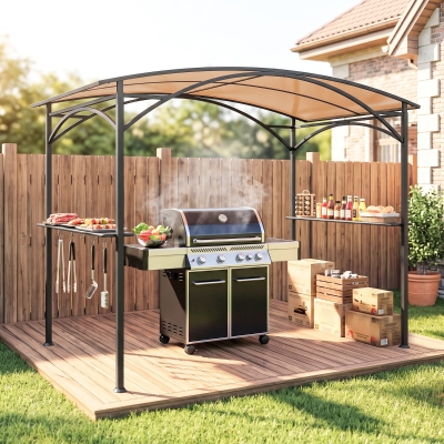 Outsunny 8' x 5' Hardtop Grill Gazebo, Outdoor BBQ Gazebo with PC Board Roof, BBQ Canopy Gazebo with 2 Side Shelves and 5 Hooks