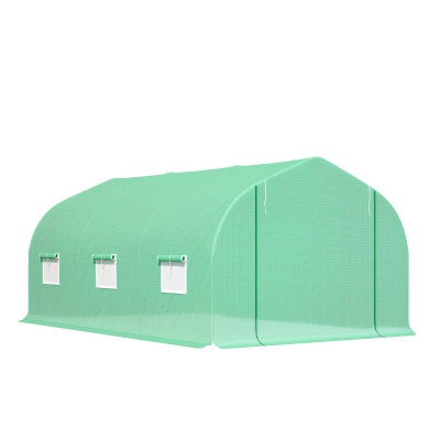 Outsunny 15' x 10' x 7' Walk-in Greenhouse Outdoor Plant Tunnel Warm Hot House w/ Roll Up Door and 6 Mesh Windows, Steel Frame, Green