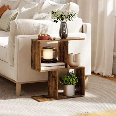 HOMCOM S-Shaped End Table, 3-Tier Narrow Side Table, Rustic Brown