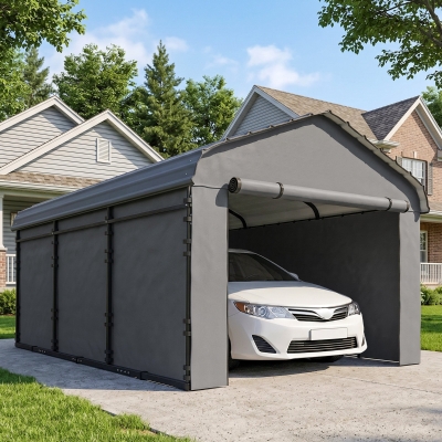 Outsunny 10' x 15' Metal Carport, Heavy Duty Garage Car Shelter with Galvanized Metal Roof and Removable Sidewalls, Light Grey