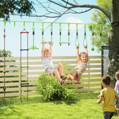 Qaba Obstacle course for Kids, with 10-Piece Slackline Kit with Monkey Bars, Gym Rings, Rope Ladder, Nest Swing, Hanging Tray