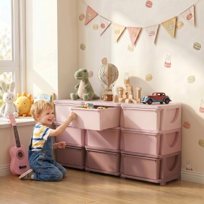 Qaba 3 Tier Kids Toy Organizer and Storage Bins with 9 Plastic Drawers, Pink