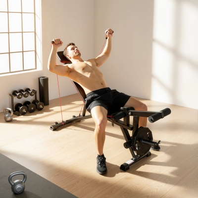 Soozier Adjustable Weight Bench with Wheels, Load 660LBS Workout Bench with Leg Extension, Preacher Curl and Resistance Bands