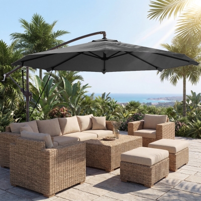 Outsunny 10FT Cantilever Patio Umbrella with 8 Ribs, Offset Patio Umbrella with Cover and Wind Ropes for Garden, Yard, Dark Grey