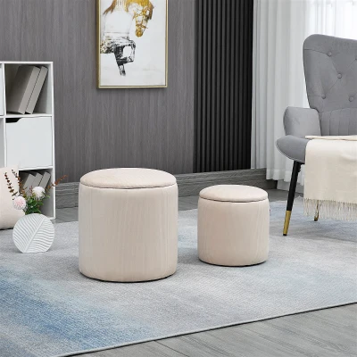 HOMCOM Corduroy Storage Ottoman Stool Set of 2, Wood Lid, White