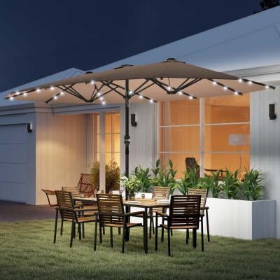Outsunny 174" Double-Sided Sun Umbrella Garden Parasol Patio Sun Shade Outdoor with LED Solar Light, Khaki