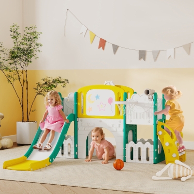 Qaba 7 in 1 Toddler Slide with Basketball Hoop, Climbing Frame, Telescope, Drawing Board, Storage Box for Ages 1-3, Yellow