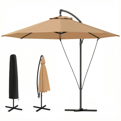 Outsunny 9.5' Cantilever Umbrella with Wind Protection Strap and Cover, Hanging Umbrella with Crank and Cross Base, Khaki