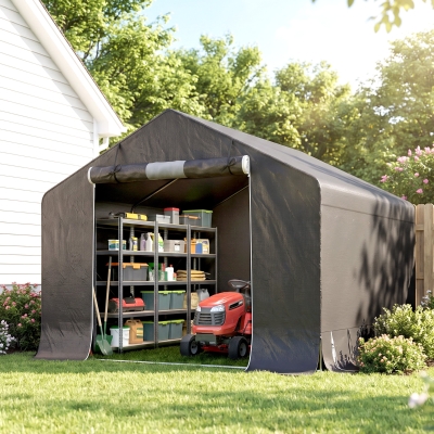 Outsunny 10' x 10' Portable Shed, Waterproof Bike Tent with Roll-up Zipper Door and Reinforced Galvanised Metal Frame, Dark Grey