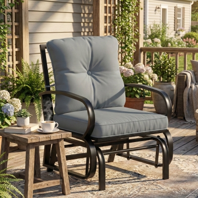Outsunny Patio Glider, Outdoor Glider Chair with Cushions, Steel Frame, Curved Armrests, Light Grey