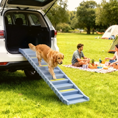 PawHut Foldable Dog Car Ramp, Dog Ramp with Anti-Slip Steps, Pet Stairs for Senior Pets to Access Cars and High Beds, Grey