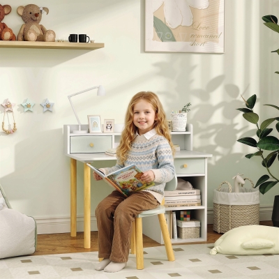 Qaba Kids Study Table and Chair Set, Kids Desk and Chair Set w/ Storage and Shelves, for 3-8 Year Old, Green