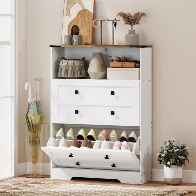 HOMCOM Shoe Cabinet 2 Flip Drawers, Narrow Storage, White