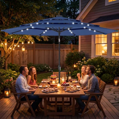 Outsunny 9.7 ft Patio Umbrella with Solar LED Lights, Navy Blue