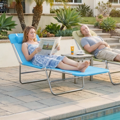 Outsunny Outdoor Lounge Chair, Portable Adjustable Reclining Seat Folding Chaise Lounge Patio Camping Beach Tanning Chair Bed with Pillow, Blue