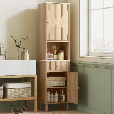 HOMCOM 66" Tall Bathroom Cabinet, Freestanding Slim Bathroom Storage Cabinet with Silent-Glide Drawer, Adjustable Shelves, Oak
