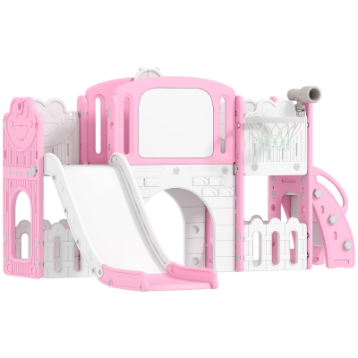 Qaba 7-in-1 Kids Slide Climber Playground with Hoop, Pink, Ages 1-3