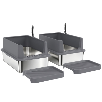 PawHut XL Stainless Steel Cat Litter Box 2-Pack with Scoop