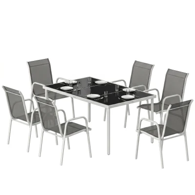 Outsunny 7 Piece Garden Dining Set, Garden Furniture Set with Rectangle Table and 6 Stackable Chairs
