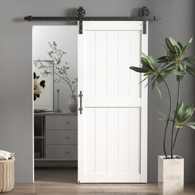 HOMCOM 36inx84in Barn Door with 6FT Sliding Door Hardware Kit, Handle, Upgraded Rollers and Floor Guide, Waterproof, White