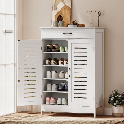 HOMCOM Shoe Cabinet with Louvered Doors, Modern Shoe Storage Cabinet with Drawer and Adjustable Shelves, White