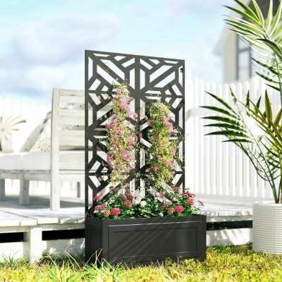 Outsunny Metal Raised Garden Bed with Trellis for Climbing Plants, Freestanding or Wall Mounted Flower Bed with Privacy Panel