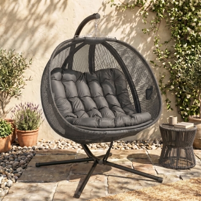Outsunny Double Egg Chair with Stand, 2 Person Hanging Swing Egg Chair with Cushion, Pockets, Grey
