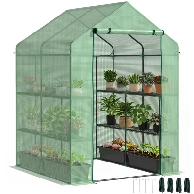 Outsunny 56" x 54" x 74" Walk-in Greenhouse Portable Garden Flower Seed Warm House with 8 Shelves, Outdoor Plant Growth Hot House, PE Cover, Green