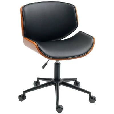 HOMCOM Mid-Century Modern Office Chair No Arms with Wheels, Small Computer Desk Chair with PU Leather Upholstery, Bentwood