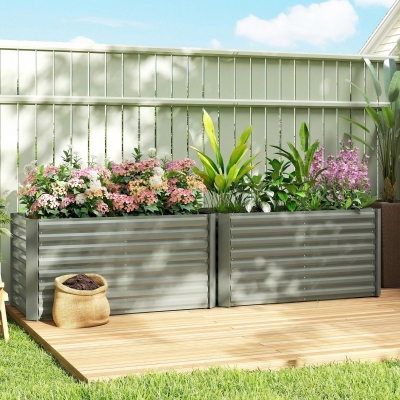 Outsunny Set of 2 Galvanized Metal Planters for Outdoor Plants, 4' x 2' x 2' Raised Garden Bed, Light Grey