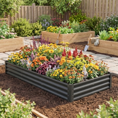 Outsunny 8 x 4 x 1ft Galvanized Raised Garden Bed, Reinforced Outdoor Planter Box with Open Bottom, Dark Grey