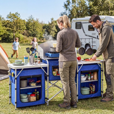 Outsunny Aluminum Camping Kitchen, Portable Folding Camping Table with Fabric Cupboards, Windshield, Bag for BBQ, Picnic, Blue