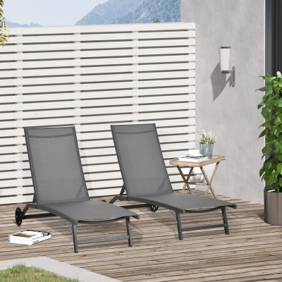 Outsunny Outdoor Lounge Chair Set of 2, Tanning Chair with Wheels, Breathable Mesh for Patio, Backyard, Poolside, Dark Grey