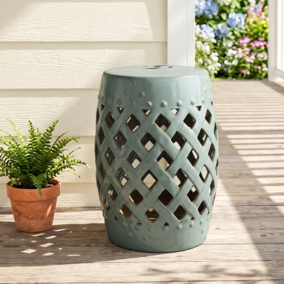 Outsunny 12.4" x 17.9" Ceramic Garden Stool with Woven Lattice Design, Indoor & Outdoor Decorative Accent Stool, Blue