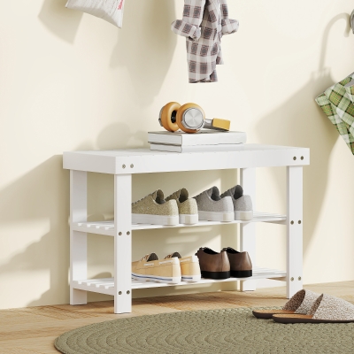 HOMCOM Bamboo Shoe Storage Bench, 3-Tier Entryway Bench with 2 Storage Shelves for Hallway, Holds 6 Pairs, White