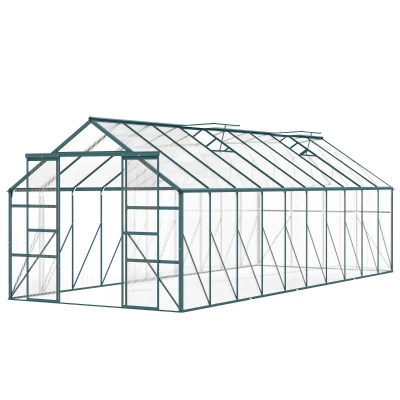 Outsunny Aluminum Greenhouse Polycarbonate Walk-in Garden Greenhouse Kit with Rain Gutter and Sliding Door, 20' x 8', Green